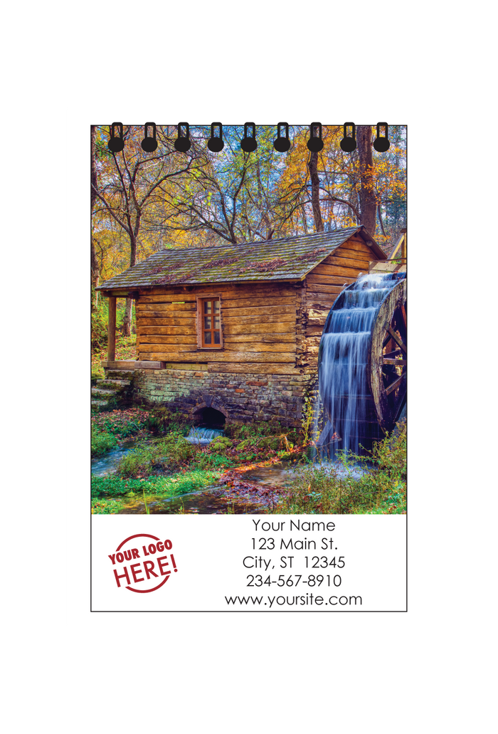 pocket notebook, notebook, cabin, watermill